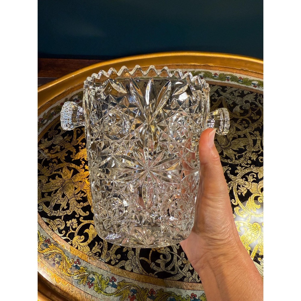Vintage Pressed Glass "Hobstar‎ & Fan" Ice Bucket – Mid-Century Starburst Vase - Picture 10 of 11